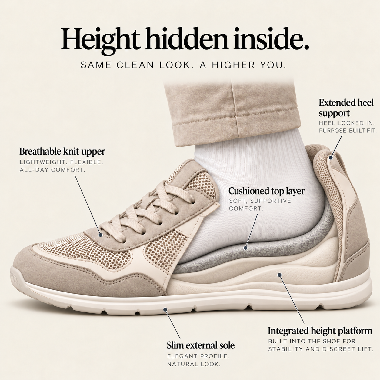 Ascent shoe shown in cross section, with a breathable knit upper, a cushioned insole, a hidden internal height lift, and a slim external sole for a natural look
